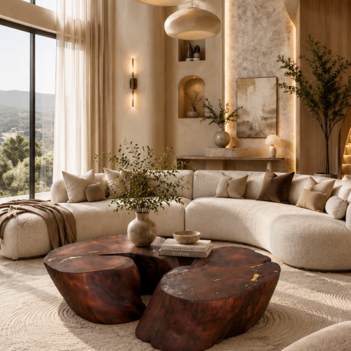 Ancient Kauri Root Yin–Yang Coffee Table in a contemporary living room